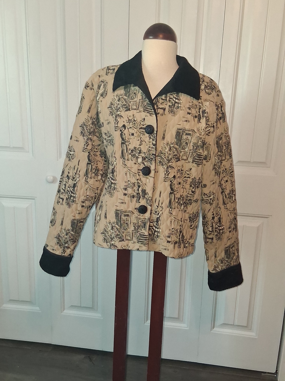 Vintage Sharon Young Toile-Print Jacket, Black Collar/Cuffs. Women's Size 12.